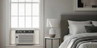 small air conditioner installed in a modern cozy bedroom
