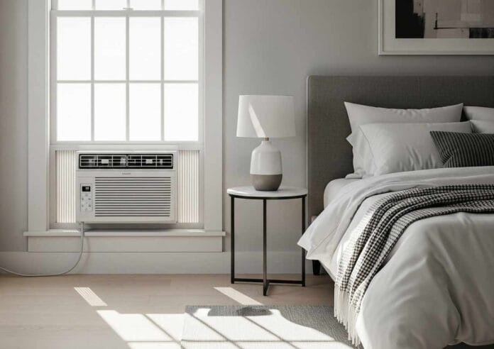 small air conditioner installed in a modern cozy bedroom