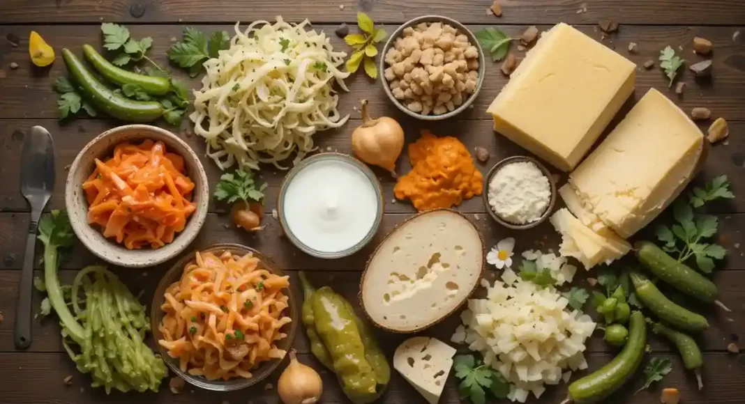 A colorful flat lay of keto-friendly fermented foods