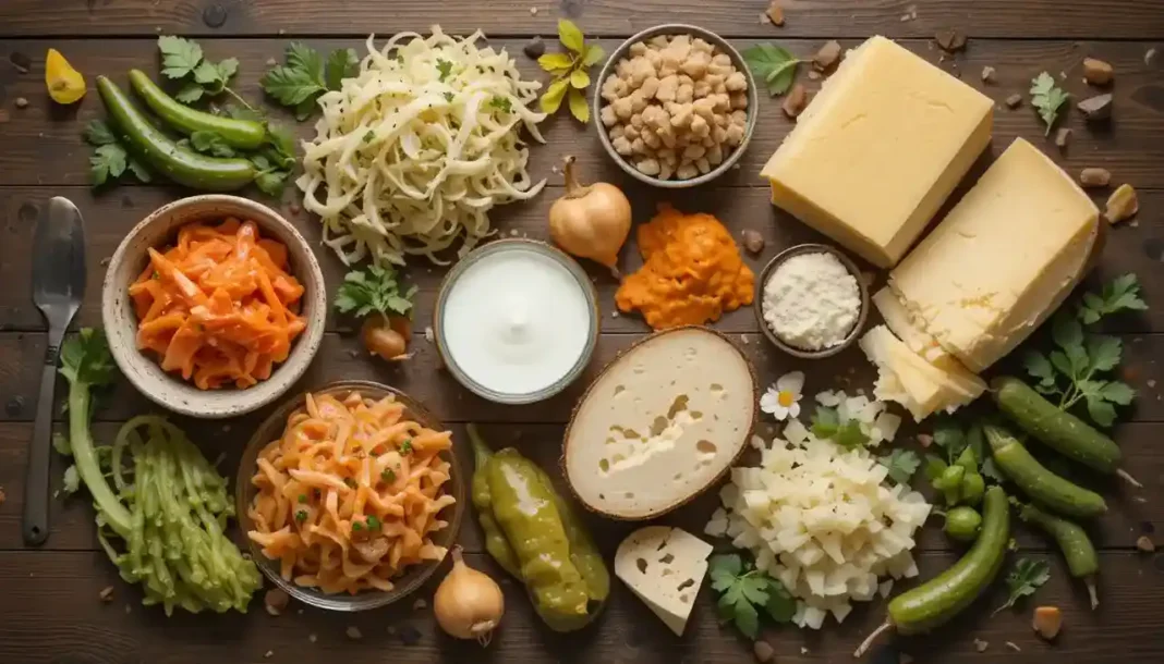 A colorful flat lay of keto-friendly fermented foods