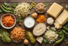 A colorful flat lay of keto-friendly fermented foods