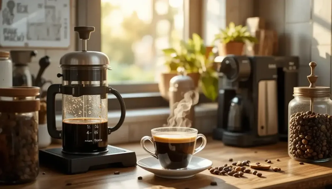 A cozy modern kitchen featuring home brewing essentials