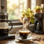 A cozy modern kitchen featuring home brewing essentials