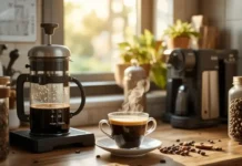 A cozy modern kitchen featuring home brewing essentials