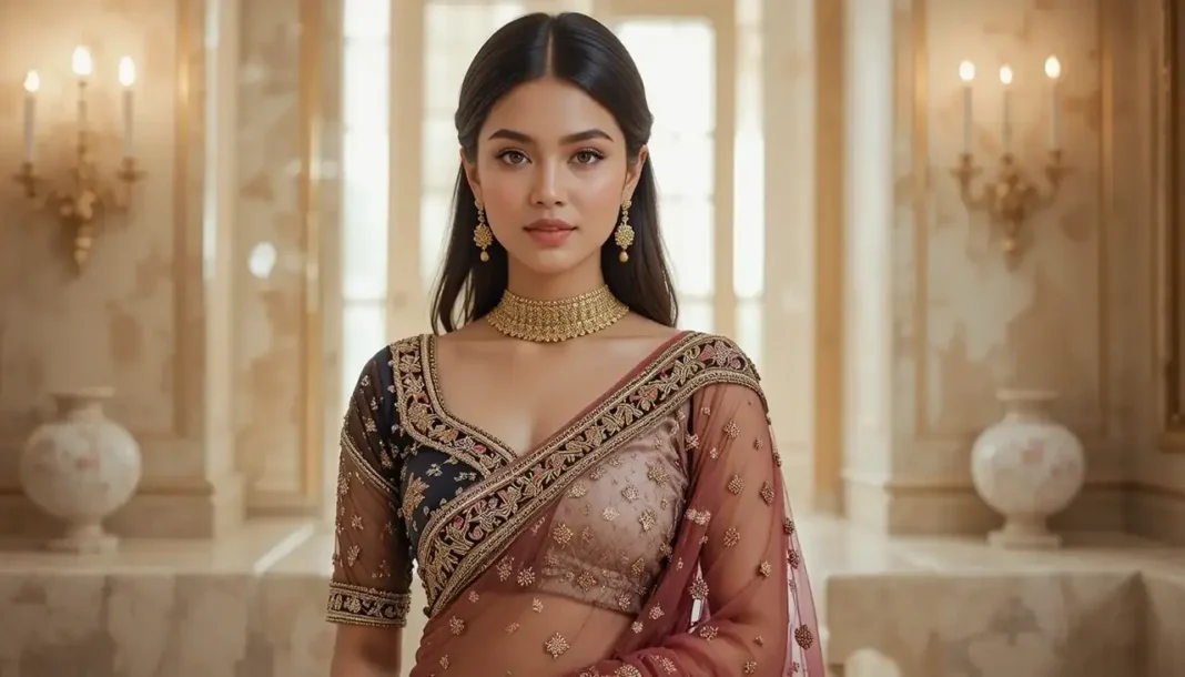 A glamorous Indian woman wearing the latest stylish blouse design net saree