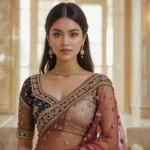 A glamorous Indian woman wearing the latest stylish blouse design net saree