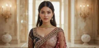 A glamorous Indian woman wearing the latest stylish blouse design net saree