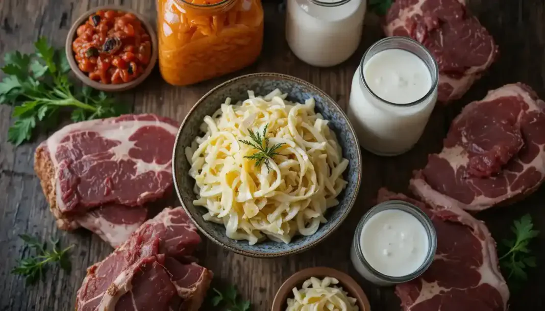 A rustic wooden table featuring Essential Fermented Foods for Carnivore Die