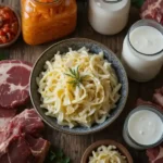 Fermented Foods on the Carnivore Diet: What to Eat & Why A rustic wooden table featuring Essential Fermented Foods for Carnivore Die