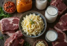A rustic wooden table featuring Essential Fermented Foods for Carnivore Die