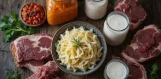 A rustic wooden table featuring Essential Fermented Foods for Carnivore Die