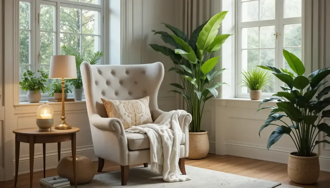 A warm armchair reading corner with a comfy chair,