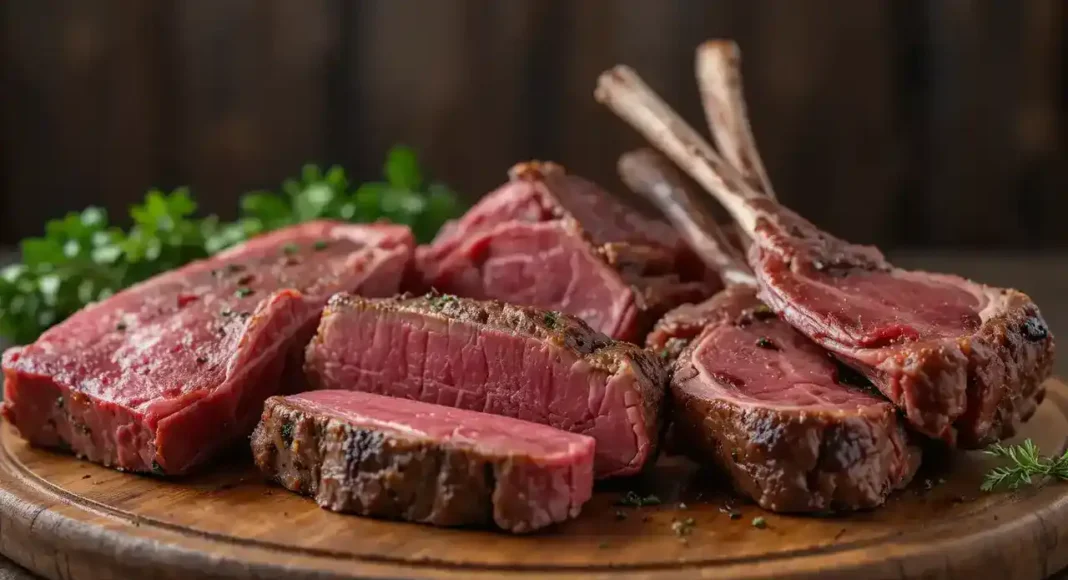 Best meat cuts for carnivore diet displayed on rustic board with ribeye, short ribs, and lamb chops.