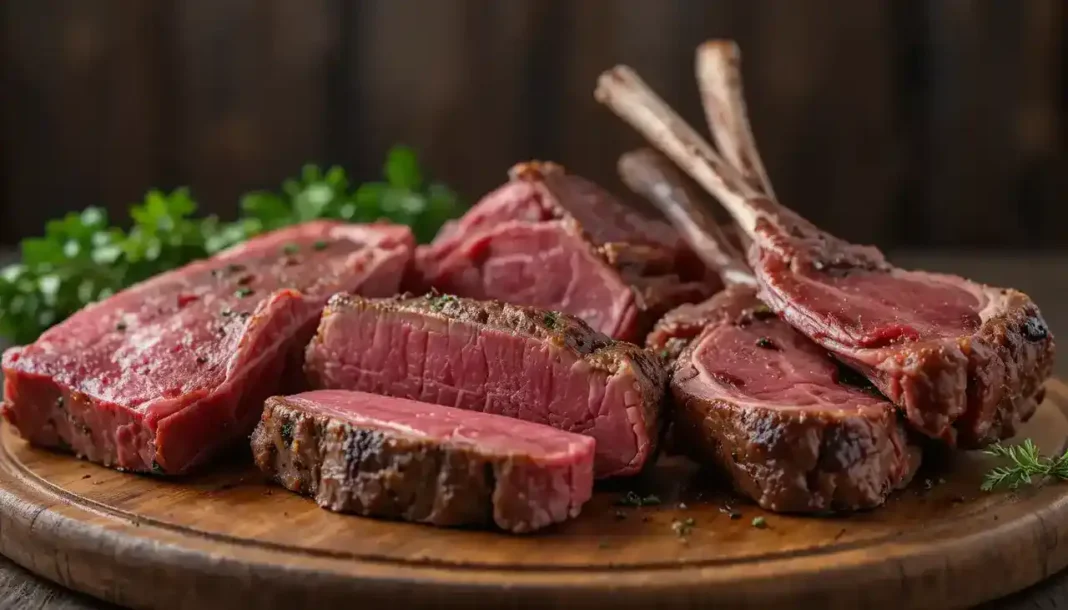 Best meat cuts for carnivore diet displayed on rustic board with ribeye, short ribs, and lamb chops.