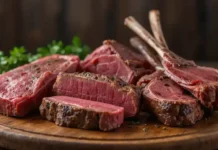 Best meat cuts for carnivore diet displayed on rustic board with ribeye, short ribs, and lamb chops.