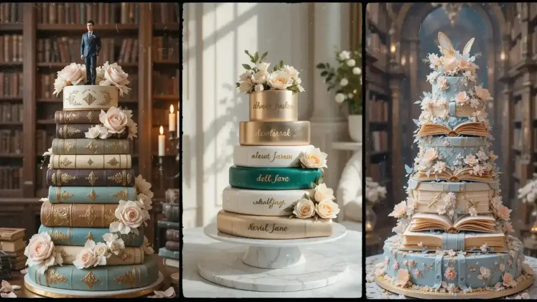 A beautifully styled Book Wedding Cak like stacked vintage books