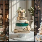 A beautifully styled Book Wedding Cak like stacked vintage books