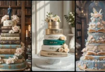 A beautifully styled Book Wedding Cak like stacked vintage books