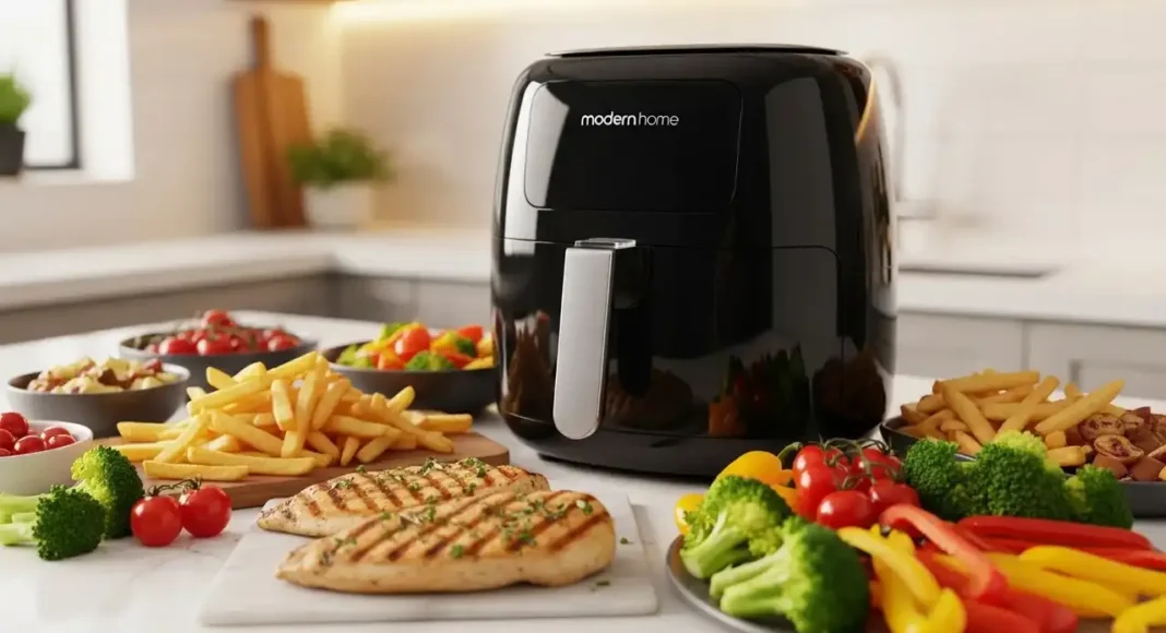 Modern kitchen countertop featuring a sleek black ModernHome air fryer