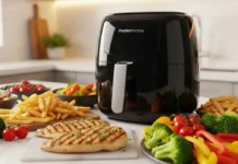 Modern kitchen countertop featuring a sleek black ModernHome air fryer