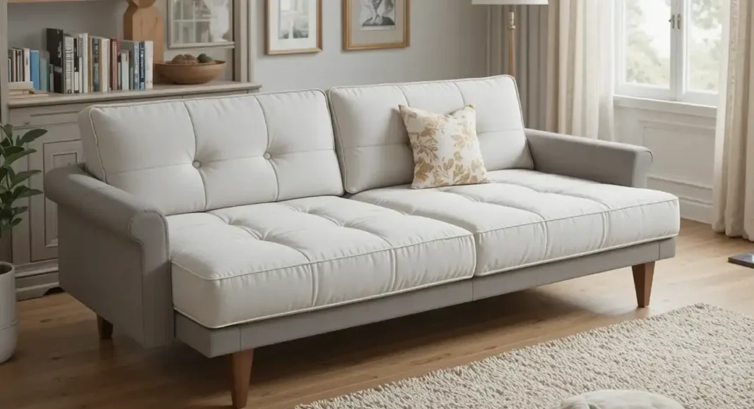 A modern cozy living room featuring a luxurious fabric sofa bed extended into a bed