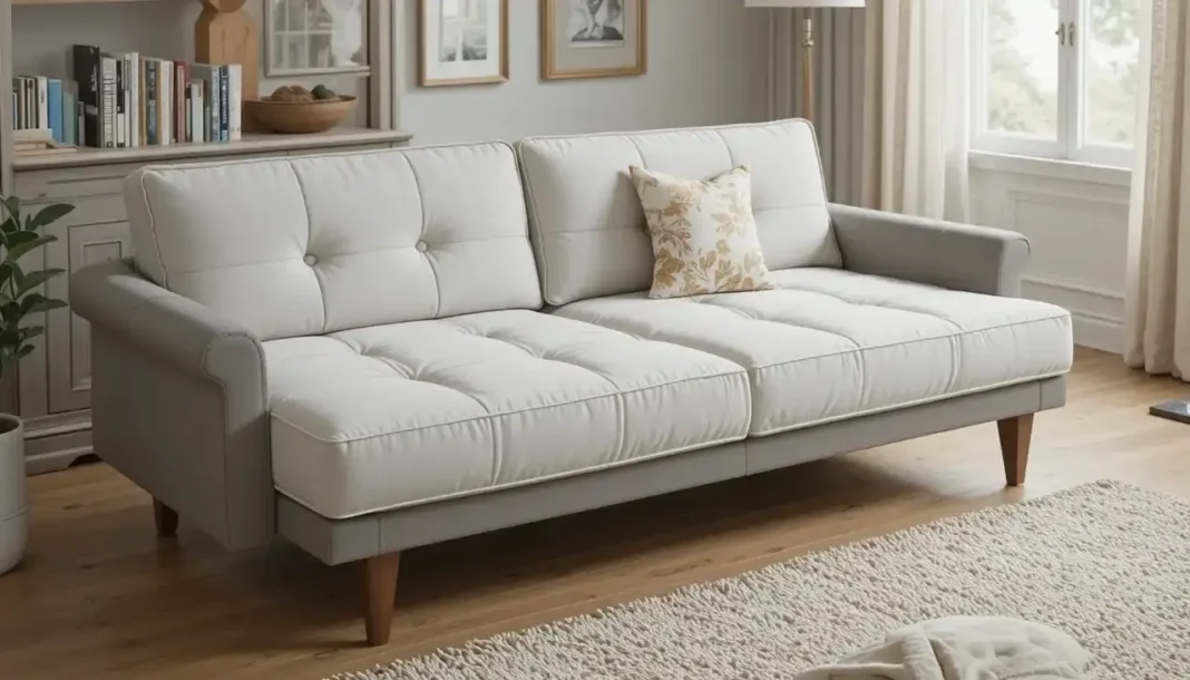 A modern cozy living room featuring a luxurious fabric sofa bed extended into a bed