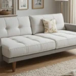 A modern cozy living room featuring a luxurious fabric sofa bed extended into a bed