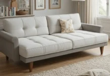 A modern cozy living room featuring a luxurious fabric sofa bed extended into a bed
