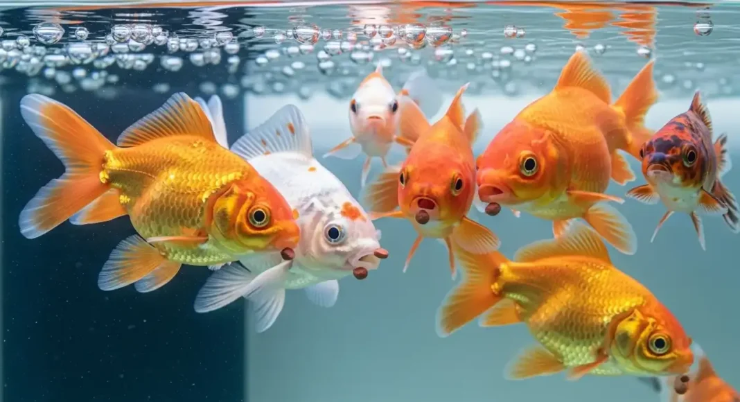 colorful goldfish eating premium Hikari goldfish foods