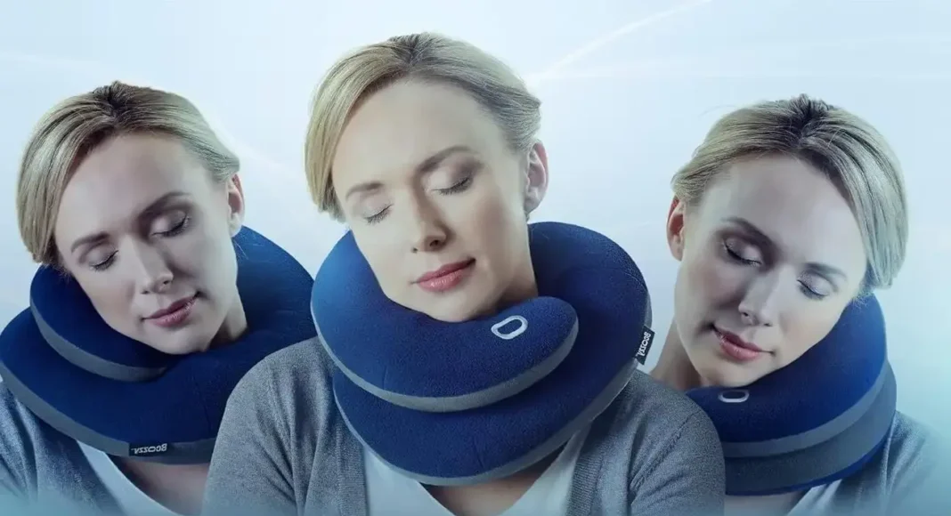 image of a traveler comfortably resting on a BCOZZY travel neck pillow