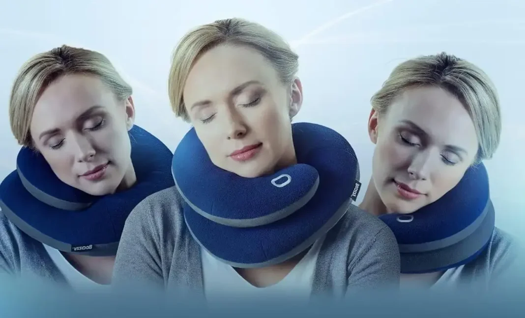 image of a traveler comfortably resting on a BCOZZY travel neck pillow