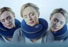 image of a traveler comfortably resting on a BCOZZY travel neck pillow