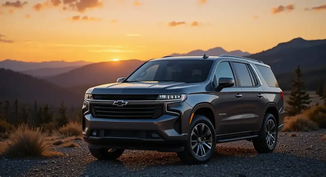 image of the 2025 Chevy Tahoe SUV parked in a scenic mountain landscape during sunset