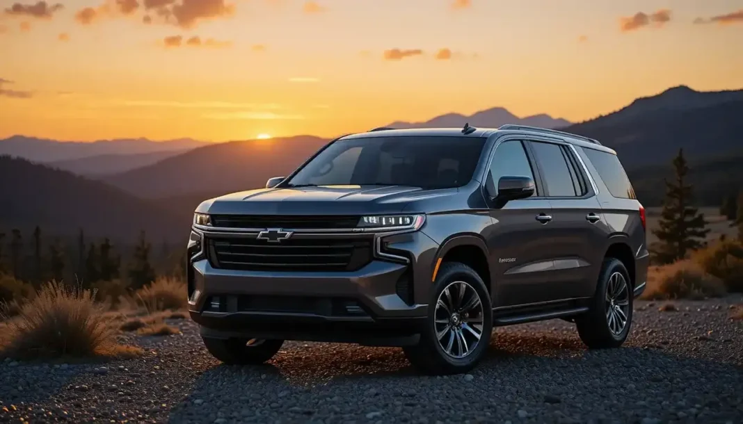 image of the 2025 Chevy Tahoe SUV parked in a scenic mountain landscape during sunset