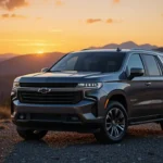 Chevy Tahoe Guide: Models, Features, Prices & Buying Tips image of the 2025 Chevy Tahoe SUV parked in a scenic mountain landscape during sunset