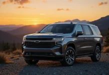 image of the 2025 Chevy Tahoe SUV parked in a scenic mountain landscape during sunset