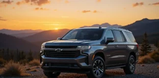 image of the 2025 Chevy Tahoe SUV parked in a scenic mountain landscape during sunset