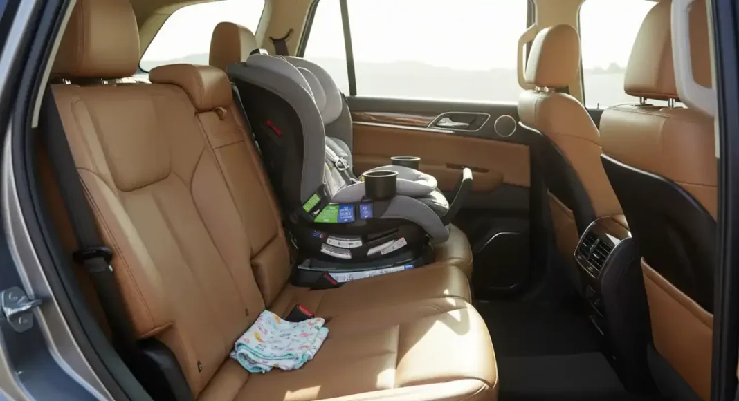 modern car interior with a sleek black Britax Boulevard ClickTight Convertible Car Seat securely installed in the backseat,