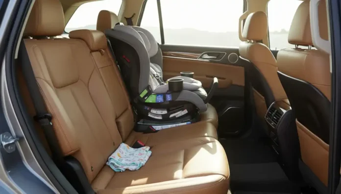 modern car interior with a sleek black Britax Boulevard ClickTight Convertible Car Seat securely installed in the backseat,
