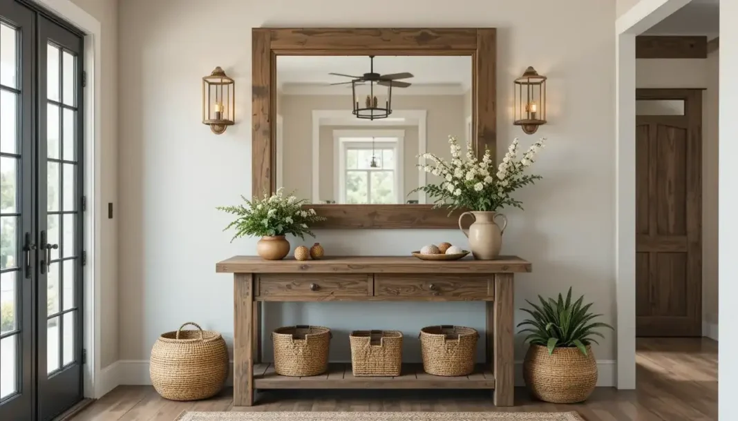 rustic farmhouse entryway featuring a large distressed wood mirror above a reclaimed wood console table