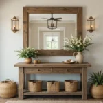 Rustic Farmhouse Entryway Ideas with Mirror and Table rustic farmhouse entryway featuring a large distressed wood mirror above a reclaimed wood console table