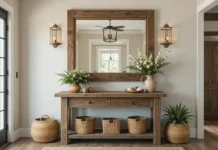 rustic farmhouse entryway featuring a large distressed wood mirror above a reclaimed wood console table