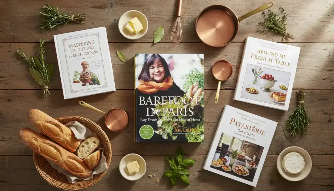 A beautifully styled flat-lay of elegant French cookbooks on a rustic wooden table