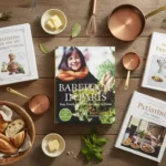 A beautifully styled flat-lay of elegant French cookbooks on a rustic wooden table