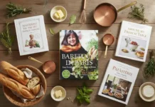 French Cookbooks for Mastering Authentic Recipes A beautifully styled flat-lay of elegant French cookbooks on a rustic wooden table