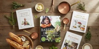 A beautifully styled flat-lay of elegant French cookbooks on a rustic wooden table