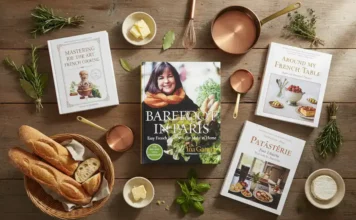 A beautifully styled flat-lay of elegant French cookbooks on a rustic wooden table