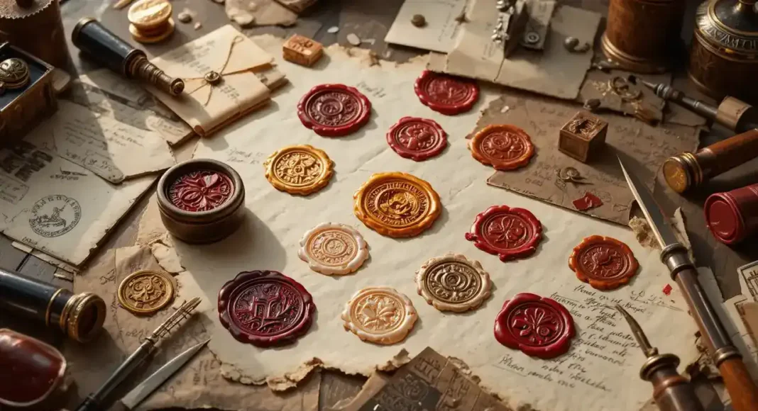 A flat lay of elegant wax seal stamps with melted wax impressions A flat lay of elegant wax seal stamps with melted wax impressions