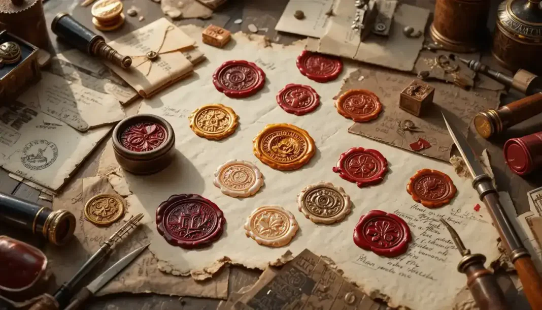 A flat lay of elegant wax seal stamps with melted wax impressions A flat lay of elegant wax seal stamps with melted wax impressions