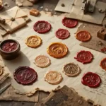 A flat lay of elegant wax seal stamps with melted wax impressions